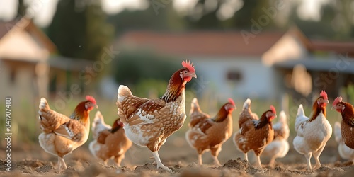 Busy poultry farm with many chickens roaming around the poultry house. Concept Poultry Farming, Chicken Breeds, Livestock Management, Free Range Animals, Agricultural Practices photo