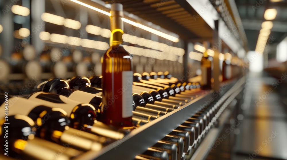 Minimalist wine factory with red wine bottles on conveyor belts, photo realistic capture of the filling line process in the food industry Minimalist wine factory with red wine bottles on conveyor belts, photo realistic capture of the filling line process in the food industry