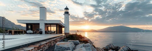  A historic lighthouse on a rocky shore photo
