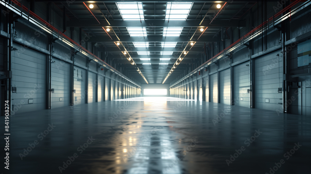 Empty clean futuristic warehouse. Background image. Created with Generative AI technology.