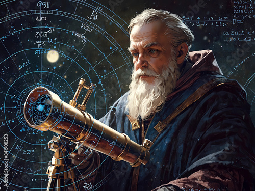 Galileo and telescope with astronomical charts