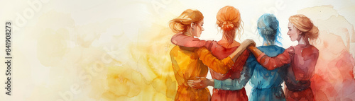 Colorful painted illustration of four women standing together with arms linked, symbolizing unity, friendship, and support.