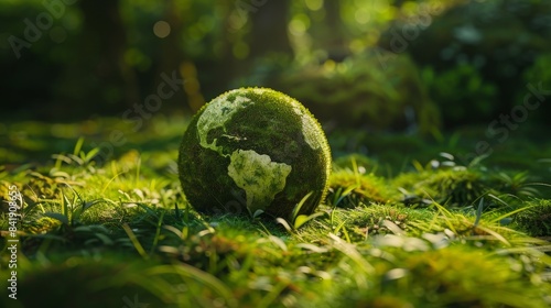 Natural green grass globe on forest grass, close-up view, Earth Day and environment protection theme, minimalistic design, ample copy space photo