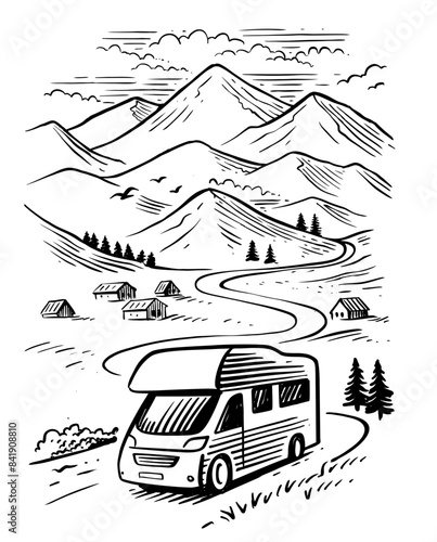 Camper van with hand-drawn sketch mountain illustration.