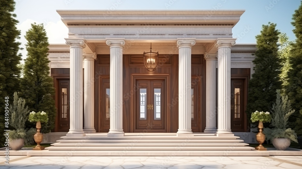 Obraz premium A large wooden door with four glass panels and a red carpet in front of it. The door is surrounded by potted plants, including a few small ones and a large one. The scene gives off a warm