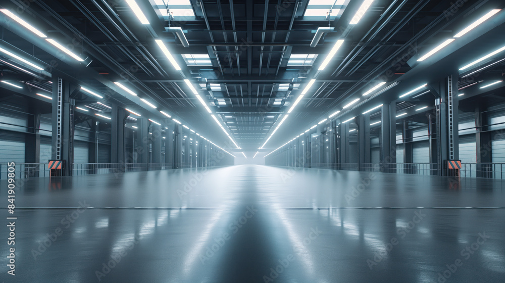Empty clean futuristic warehouse. Background image. Created with Generative AI technology. Empty clean futuristic warehouse. Background image. Created with Generative AI technology.