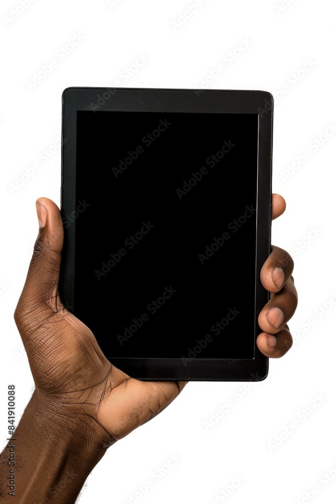 A person holding a tablet with a black screen, suitable for use in technology-related contexts A person holding a tablet with a black screen, suitable for use in technology-related contexts
