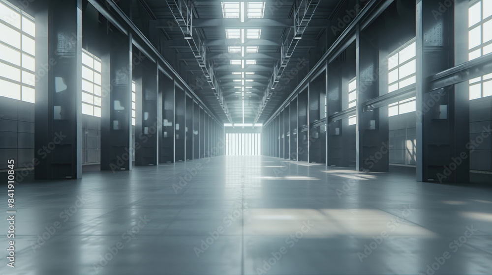 Empty clean futuristic warehouse. Background image. Created with Generative AI technology. Empty clean futuristic warehouse. Background image. Created with Generative AI technology.
