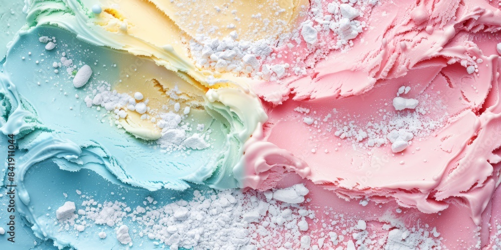 Fototapeta premium Colorful rainbow ice cream is a whimsical treat with vibrant colors, inviting everyone to enjoy its tempting flavors. Sweet, creamy, perfect for summer and sure to brighten any day