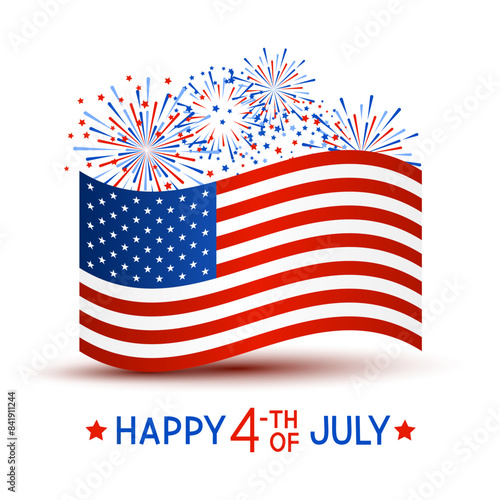 Independence day greeting card with American flag and fireworks on white background