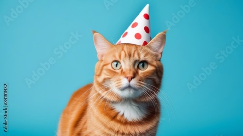 Cute fluffy cat in party hat on color background feline domestic on blue background