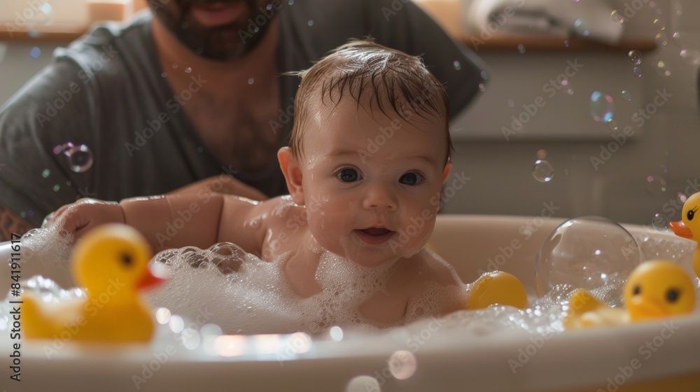 A father giving his newborn baby a bath in a tub, surrounded by bubbles and rubber ducks A father giving his newborn baby a bath in a tub, surrounded by bubbles and rubber ducks