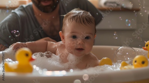 A father giving his newborn baby a bath in a tub, surrounded by bubbles and rubber ducks