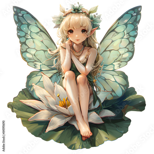 Elegant fairy with delicate wings sitting on a lotus flower, surrounded by fantasy elements in enchanting scenery. photo