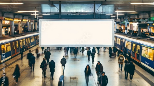 Blank billboard mockup at a train station with arriving passengers