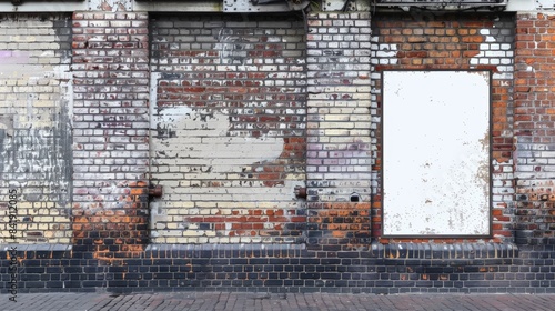Empty blank white poster on old brick wall in a trendy shopping district