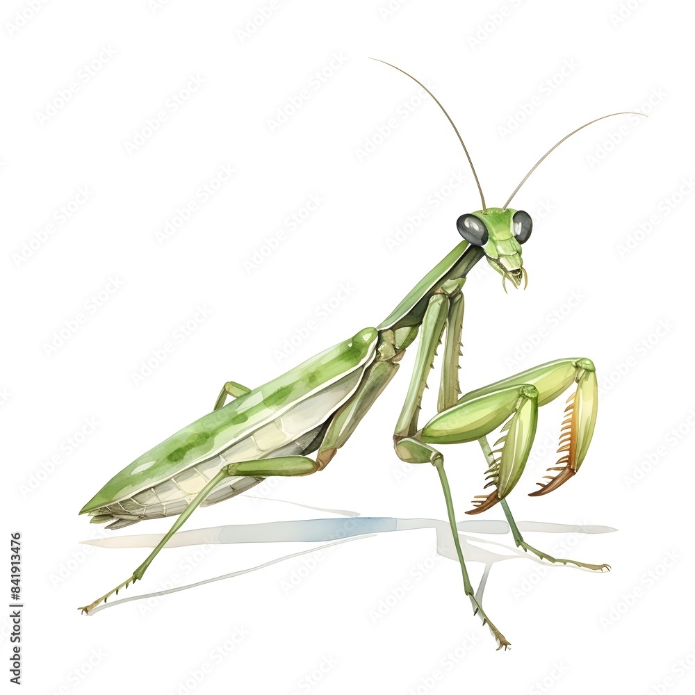 Detailed Watercolor of a Poised and Watchful Praying Mantis Insect on White Background Detailed Watercolor of a Poised and Watchful Praying Mantis Insect on White Background