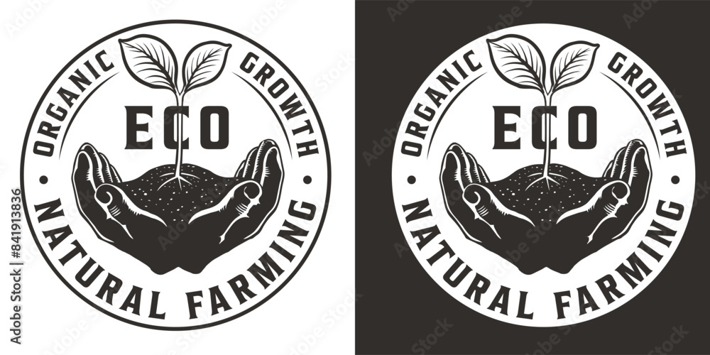 Fototapeta premium Monochrome linocut design emblem featuring an eco themed organic farming concept with stylized hands cradling a plant, promoting growth and natural farming methods in a vintage aesthetic