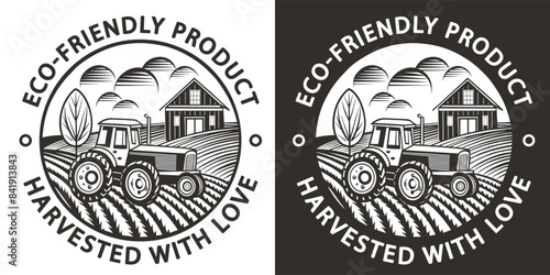 Monochrome linocut illustration of a vintage tractor on a farm with the label 'eco friendly product harvested with love', ideal for representing natural and sustainable farming practices