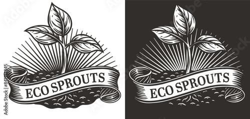 Monochromatic classic linocut emblem design depicting sprouting plants, symbolizing eco friendly farming and the appeal of natural products in a vintage aesthetic