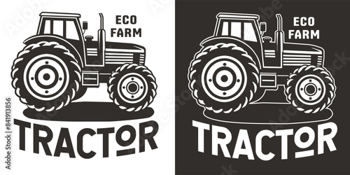 Vintage inspired linocut emblem featuring a monochrome tractor with the words eco farm suggesting a connection to sustainable and natural farming practices in a bold black and white design