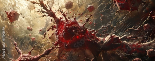 An artistic representation of a cancerous tumor invading healthy tissue, symbolizing the aggressive nature of cancer cells.