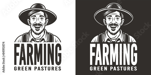 Black and white monochrome linocut illustration featuring joyful farmer, representing an eco friendly and natural approach to agriculture with vintage emblem of farming green pastures