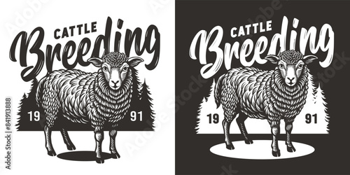 Monochrome linocut style illustration depicting a ram with cattle breeding text, evoking a vintage, natural essence, suitable for eco and farming related themes, branding, and product labels