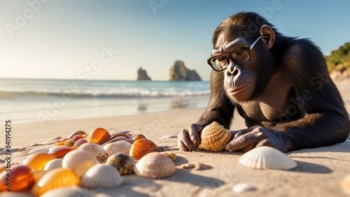 Cool ape with glasses relaxing on a beach background photo