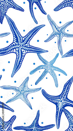 A seamless repeating blue pattern of starfish on white background