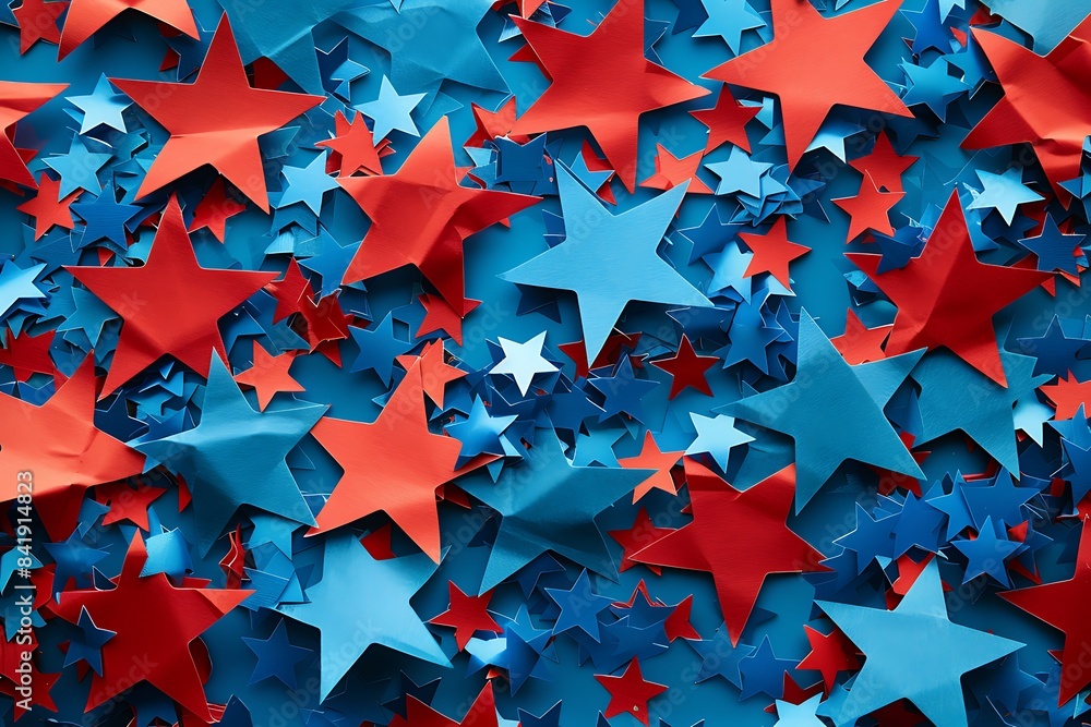 Festive blue and red stars confetti for American holiday celebration, radiant illustration, Festive blue and red stars confetti for American holiday celebration, radiant illustration,
