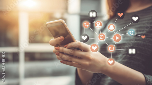 A asian girl showing hand using a smartphone, with social media icon Facebook twitter Instagram 