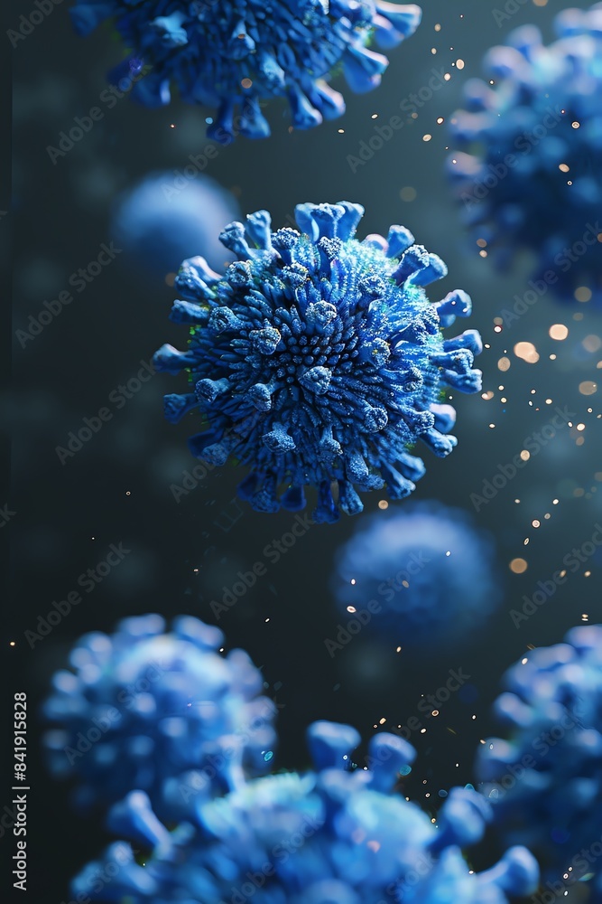 Fototapeta premium Closeup of clustered blue viruses, artistic rendering, microscopic view, radiant edges, dark backdrop
