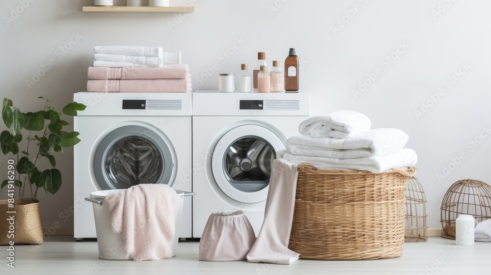 A white washing machine sits in front of a basket full of clothes A white washing machine sits in front of a basket full of clothes