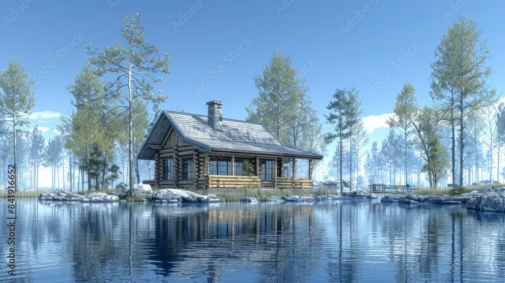 Obraz premium A rustic cabin by a serene lake
