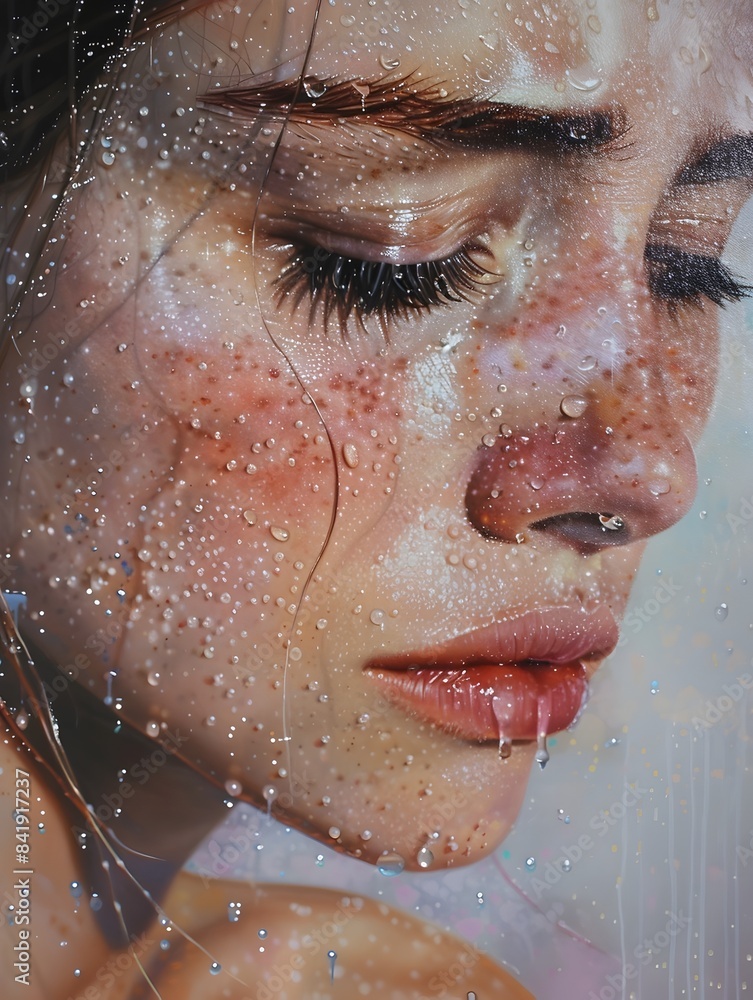 Captivating Droplets Adorning a Serene Feminine Face Amidst the Ethereal Elements Captivating Droplets Adorning a Serene Feminine Face Amidst the Ethereal Elements