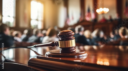 A wooden gavel sits on a wooden table. The gavel is surrounded by a blurry background, giving the impression of a courtroom scene