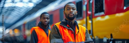 Railway engineers in reflective vests standing proudly beside a locomotive, showcasing teamwork