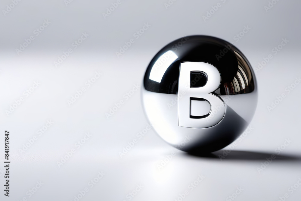A reflective chrome sphere with the letter B prominently displayed on its surface stands against a white background. The sleek and polished design highlights its modern and sophisticated look A reflective chrome sphere with the letter B prominently displayed on its surface stands against a white background. The sleek and polished design highlights its modern and sophisticated look