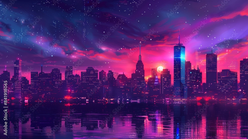 Fototapeta premium Neon Skyline of City at Night with Vibrant Colors and Starry Sky 