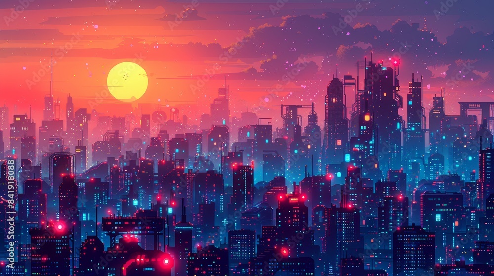 Fototapeta premium Neon Skyline of City at Night with Vibrant Colors and Starry Sky 