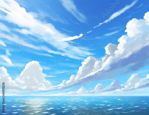 海の上から見た青空と雲。イラスト風。AI生成画像。