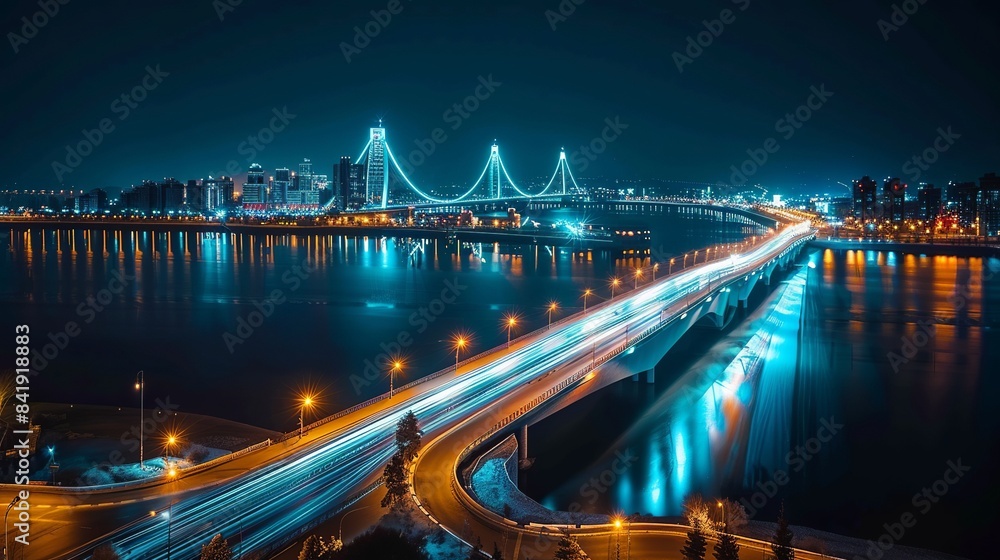 Fototapeta premium Big bridge at night in Baku, Azerbaijan. Long exposure 