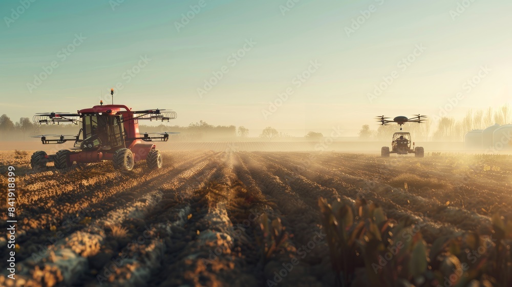 Fototapeta premium Panoramic view of a futuristic agricultural landscape with drone pollinators and automated farming machinery, minimalistic design, photorealistic