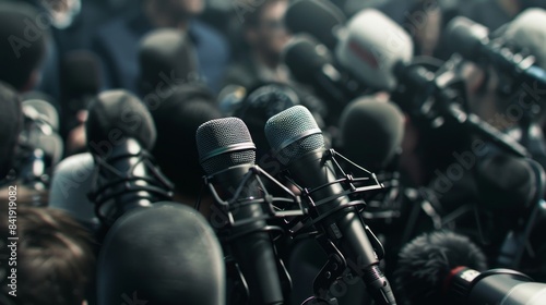 Photorealistic close-up of media microphones aimed at a spokesman during a press conference, ideal for visuals depicting media interactions and public statements