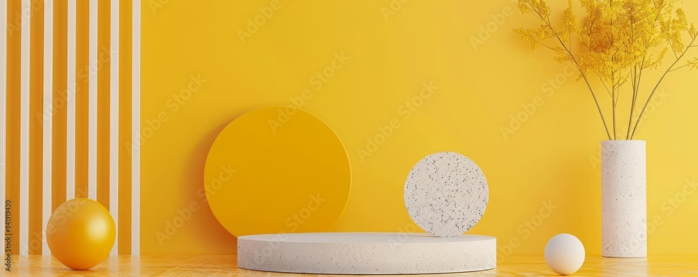 Abstract yellow background with geometric shapes and foliage, minimalist design Abstract yellow background with geometric shapes and foliage, minimalist design