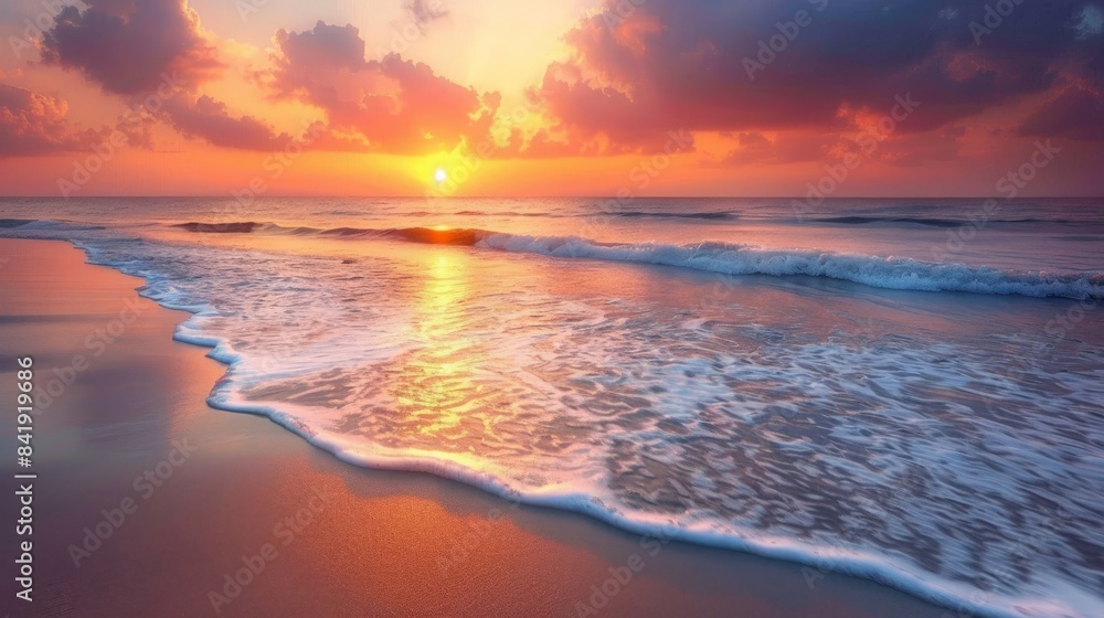 Obraz premium Scenic summer beach with hot hues of the sunset reflecting on the ocean waves