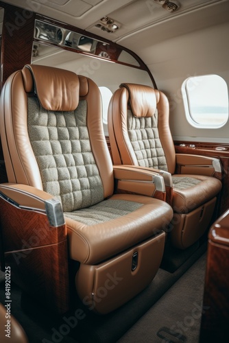 The interior of a plane is shown with a lot of white and brown leather seats