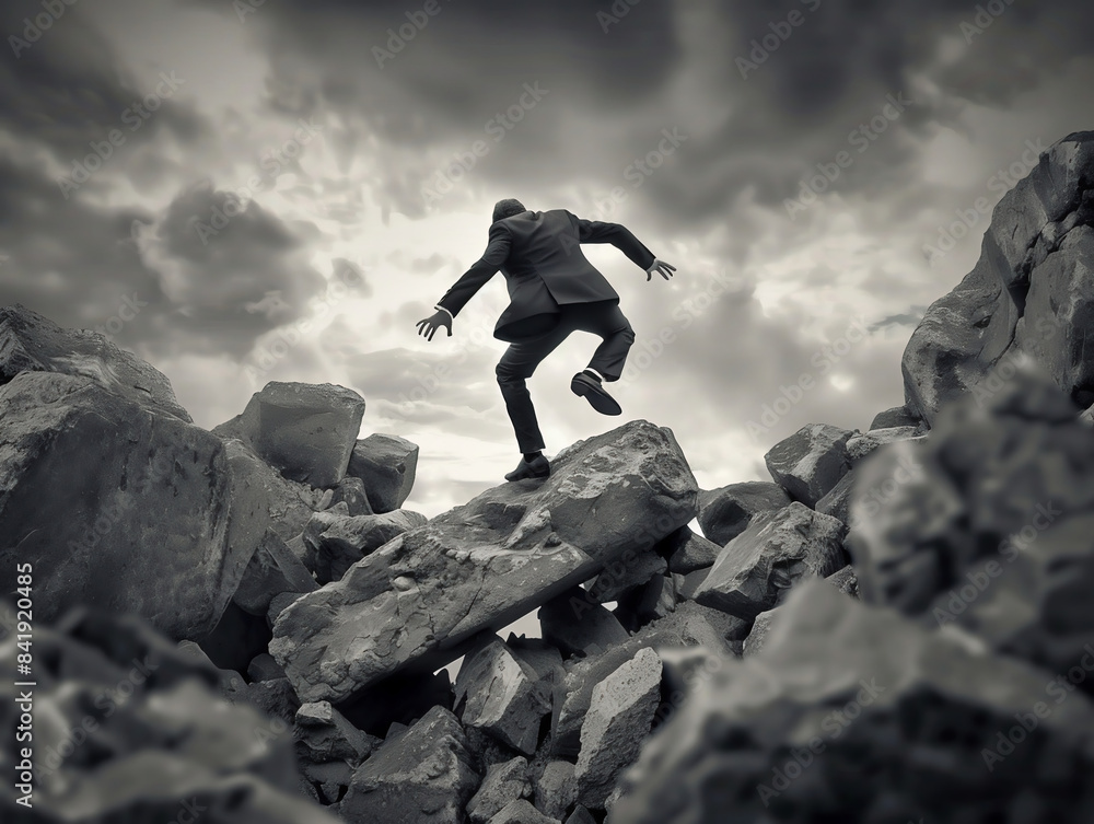 Obraz premium Determined and goal oriented businessman in a suit is jumping over rocks and climbing up a mountain of rubble and stones against a dramatic sky, black and white, business success, freedom, resilience