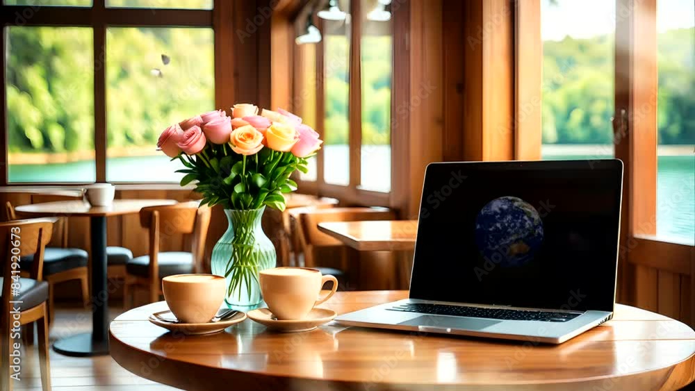 Cup of coffee with laptop on a table. Seamless looping time-lapse 4k video animation background Cup of coffee with laptop on a table. Seamless looping time-lapse 4k video animation background